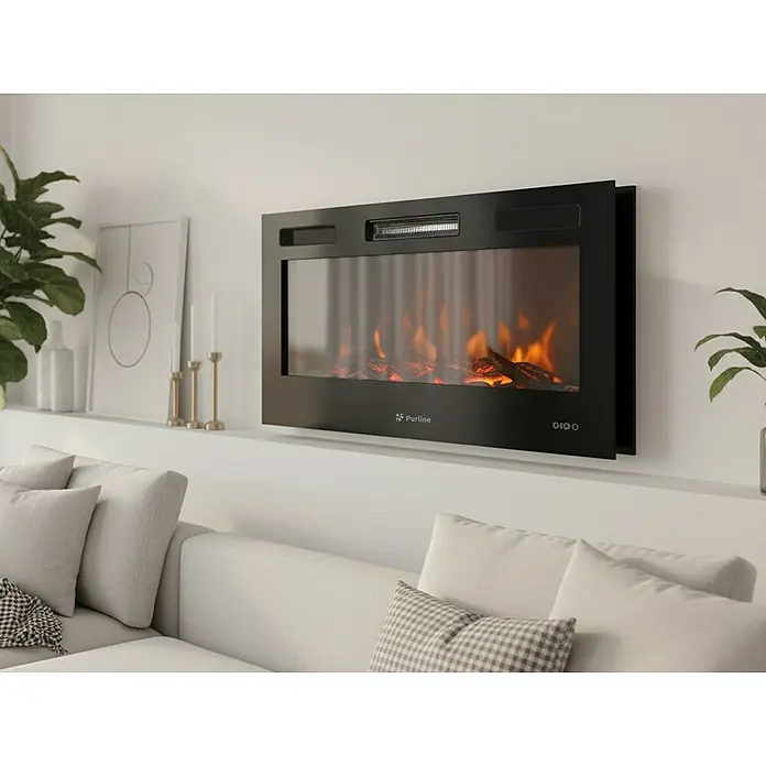 Purline Chimenea eléctrica insertable CHE-650 - Negro, 2.000 W, 13 x 116 x 42 cm - Una moderna chimenea eléctrica Purline negra con llamas realistas que crea un ambiente acogedor en cualquier habitación. Montada en la pared para un toque elegante.