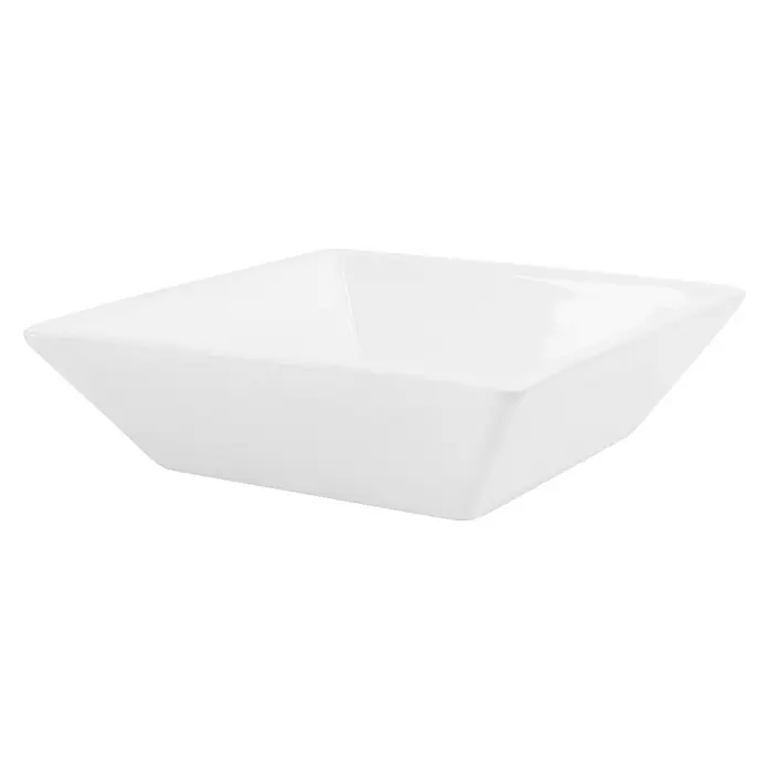 LuxeBath Aufsatzwaschbecken Waschtisch aus Keramik für Badezimmer / Gäste-WC - Ohne Spezialglasur, Weiß - Nahaufnahme einer quadratischen, weißen Schale, ideal für Snacks oder Dips, mit einer glänzenden Oberfläche und klaren Linien.
