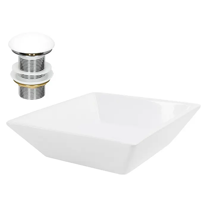 LuxeBath Aufsatzwaschbecken Waschtisch Aufsatzwaschbecken aus Keramik für Badezimmer / Gäste-WC - Ohne Spezialglasur, Weiß - Weißes quadratisches Keramikwaschbecken mit passendem verchromtem Keramik-Klick-Klack-Ablaufstopfen.