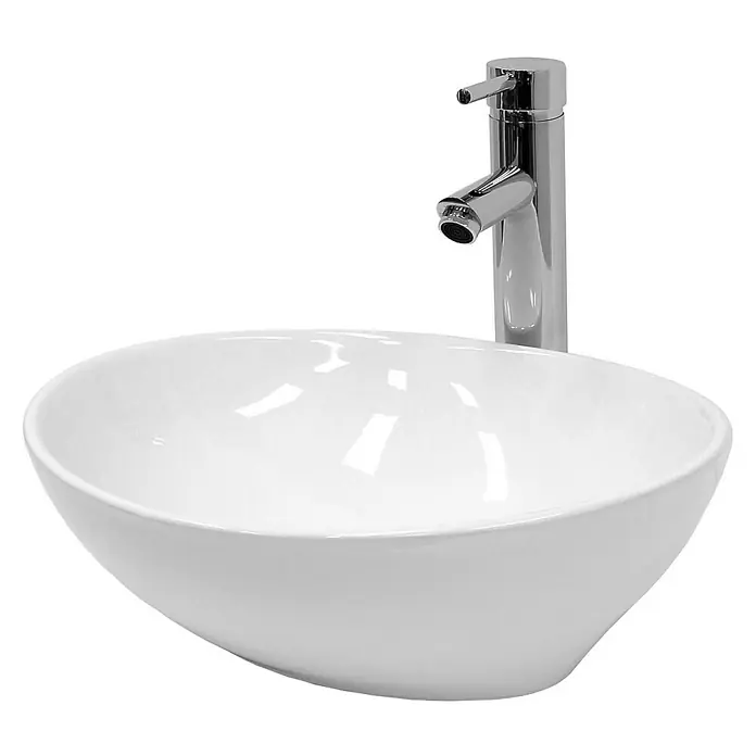 LuxeBath Aufsatzwaschbecken Waschschale Aufsatzwaschtisch Weiß inkl. Ablaufgarnitur ohne Überlauf - Ohne Überlauf, Weiß - Elegantes Aufsatzwaschbecken mit modernem Chrom-Wasserhahn. Das Becken ist weiß und hat eine ovale Form. Perfekt für stilvolle Badezimmer.