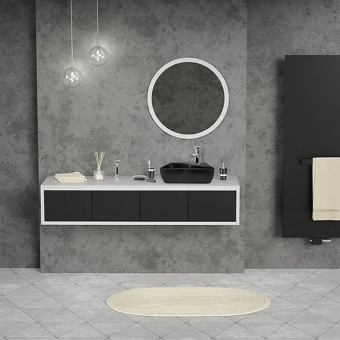 LuxeBath Aufsatzwaschbecken Waschtisch aus Keramik für Badezimmer / Gäste-WC - 27 x 45 cm, Ohne Spezialglasur, Schwarz - Modernes Badezimmer mit einem schwarzen Aufsatzwaschbecken auf einem weißen Waschtisch und einem runden Spiegel an einer grauen Wand.