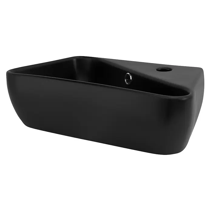 LuxeBath Aufsatzwaschbecken Waschtisch aus Keramik für Badezimmer / Gäste-WC - 27 x 45 cm, Ohne Spezialglasur, Schwarz - Eine moderne, mattschwarze Keramik-Waschbecken, ideal für stilvolle Badezimmer. Das Waschbecken zeichnet sich durch sein minimalistisches Design aus.