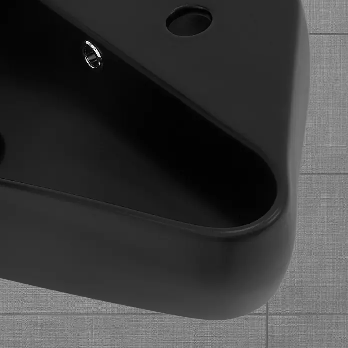 LuxeBath Aufsatzwaschbecken Waschtisch aus Keramik für Badezimmer / Gäste-WC - 27 x 45 cm, Ohne Spezialglasur, Schwarz - Nahaufnahme eines eleganten, schwarzen Waschbeckens mit minimalistischem Design und abgerundeten Kanten.