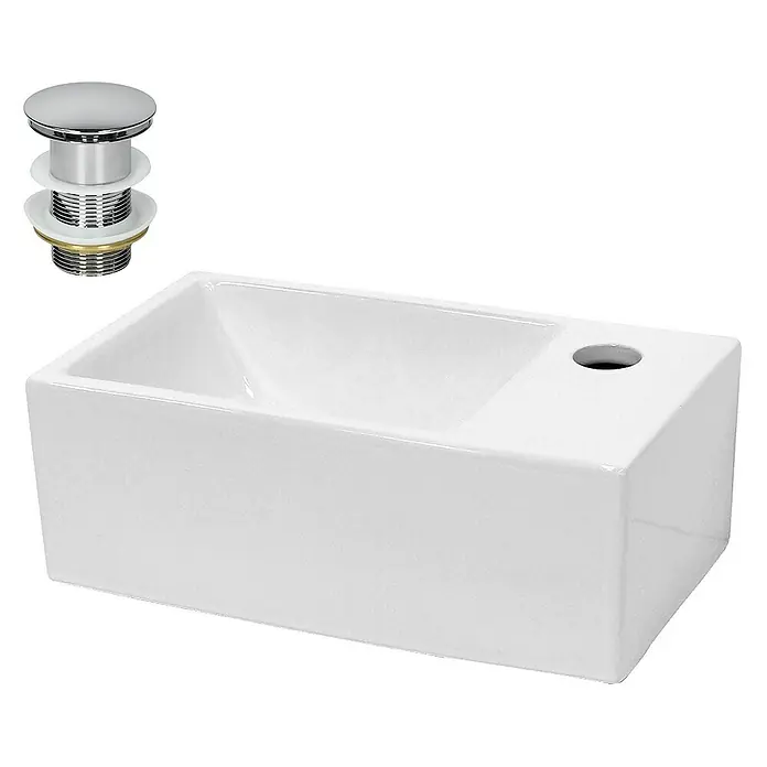 LuxeBath Aufsatzwaschbecken Waschschale Aufsatzwaschtisch Weiß inkl. Ablaufgarnitur ohne Überlauf - 20,5 x 35 cm, Ohne Spezialglasur, Weiß, Silber - Rechteckiges, weißes Keramikwaschbecken mit Ablaufgarnitur. Ein elegantes Waschbecken für moderne Badezimmer.
