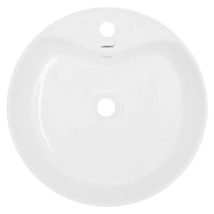 LuxeBath Aufsatzwaschbecken Aufsatzwaschtisch Handwaschbecken inkl. Ablaufgarnitur mit Überlauf - Mit Überlauf, Weiß - Aufsicht eines weißen LUXEBATH Waschbeckens mit runder Form und zwei Löchern.