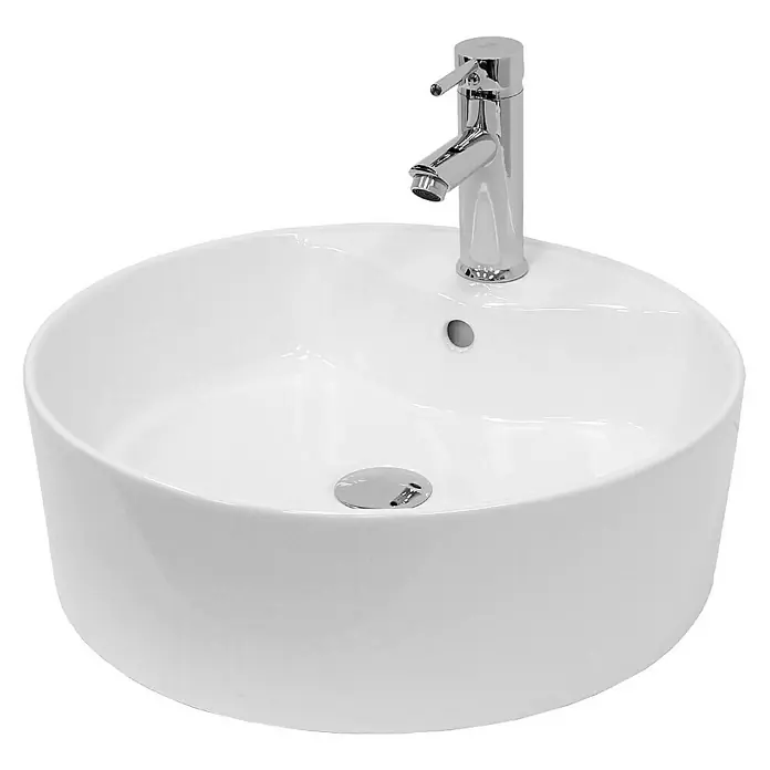 LuxeBath Aufsatzwaschbecken Aufsatzwaschtisch Handwaschbecken inkl. Ablaufgarnitur mit Überlauf - Mit Überlauf, Weiß - Nahaufnahme eines modernen, runden, weißen Aufsatzwaschbeckens mit einem schlanken Chrom-Wasserhahn. Das Becken hat einen sauberen, minimalistischen Look.