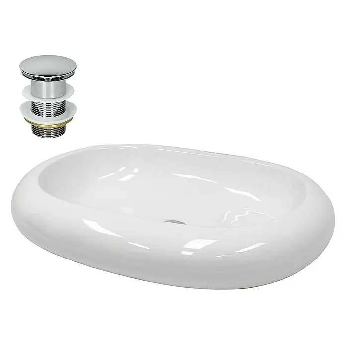 LuxeBath Aufsatzwaschbecken Waschschale Aufsatzwaschtisch Weiß inkl. Ablaufgarnitur ohne Überlauf - 35 x 35 cm, Ohne Spezialglasur, Weiß, Silber - Dieses Bild zeigt ein modernes, ovales Aufsatzwaschbecken aus glänzend weißer Keramik mit einem Pop-up-Ablaufventil.