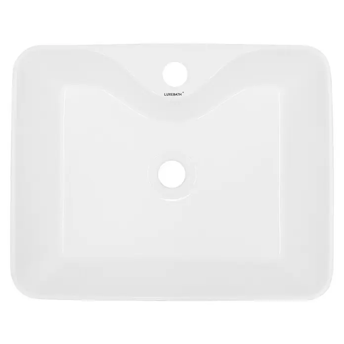 LuxeBath Aufsatzwaschbecken Waschschale Aufsatzwaschtisch Weiß inkl. Ablaufgarnitur ohne Überlauf - 38 x 48 cm, Hahnloch: Mitte, Ohne Überlauf, Weiß - Nahaufnahme eines weißen Keramik-Waschbeckens von LUXEBATH mit zwei Abflusslöchern und abgerundeten Ecken.