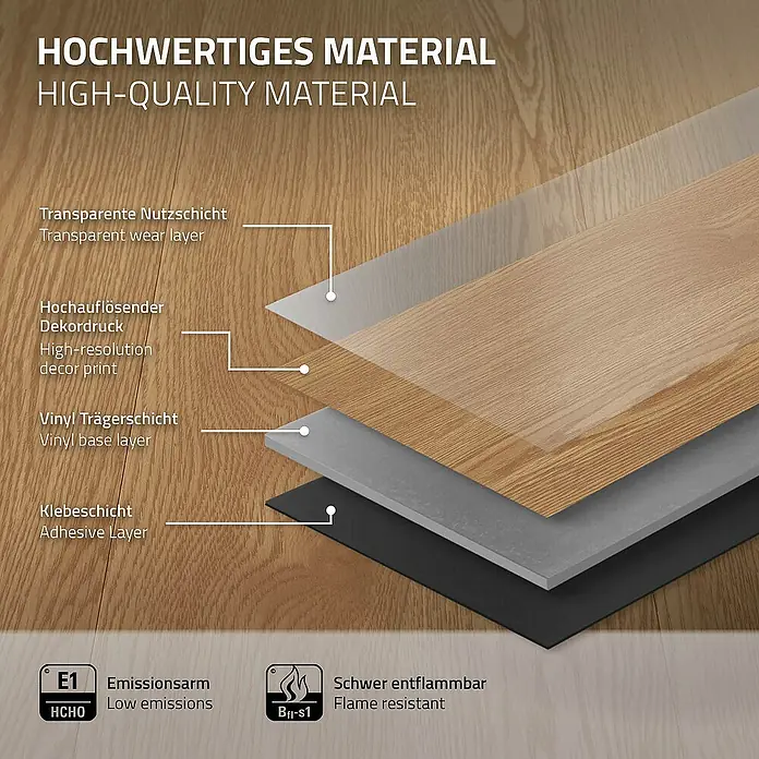 ML-Design Vinylboden 4 x Paket Klebevinylboden ( 64 Stück = 8,92 m² ) - Braun, Landhausdiele - Detailansicht des Laminatbodens, der seine hochwertigen Materialschichten zeigt: Verschleißschicht, Dekordruck, Vinylbasis und Klebeschicht.
