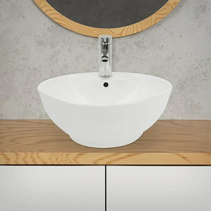 LuxeBath Aufsatzwaschbecken Aufsatzwaschtisch Waschschale Rund Handwaschbecken für Badezimmer - 45,5 x 45,5 cm, Ohne Spezialglasur, Weiß - Elegantes Waschbecken aus Keramik mit modernem Wasserhahn, ideal für jedes Badezimmer. Hochwertige Verarbeitung und stilvolles Design.