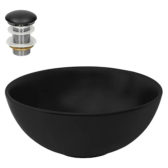 LuxeBath Aufsatzwaschbecken Aufsatzwaschtisch Spülbecken inkl. Ablaufgarnitur ohne Überlauf Becken - Ohne Spezialglasur, Schwarz - Schwarzes Waschbecken aus Keramik mit einem Pop-Up-Ablaufventil für ein modernes Badezimmerdesign.