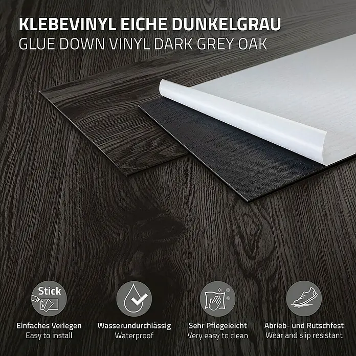 ML-Design Vinylboden 2 x Paket Klebevinylboden ( 32 Stück = 4,46 m² ) - Dunkelgrau, Landhausdiele - Klebevinyl Eiche Dunkelgrau: Selbstklebende Vinyl-Fliesen in dunkler Eichenholzoptik, einfach zu verlegen, wasserfest und pflegeleicht.