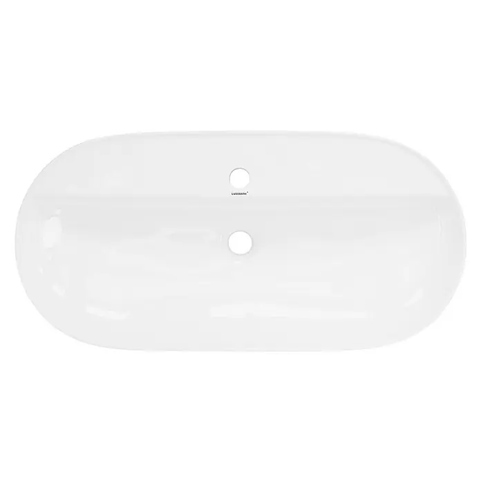 LuxeBath Aufsatzwaschbecken Handwaschbecken Weiß inkl. Ablaufgarnitur ohne Überlauf - Hahnloch: Mitte, Ohne Überlauf, Weiß - Ansicht von oben auf eine elegante weiße Badewanne von Luxebath, die sich durch ein modernes Design mit abgerundeten Kanten und zwei Armaturenlöchern auszeichnet.