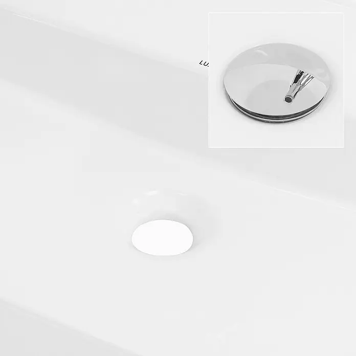 LuxeBath Aufsatzwaschbecken Handwaschbecken Weiß inkl. Ablaufgarnitur ohne Überlauf - Hahnloch: Mitte, Ohne Überlauf, Weiß - Detailaufnahme eines Waschbeckens mit Ablaufgarnitur und Überlauf, die eine elegante und funktionale Badgestaltung zeigt.
