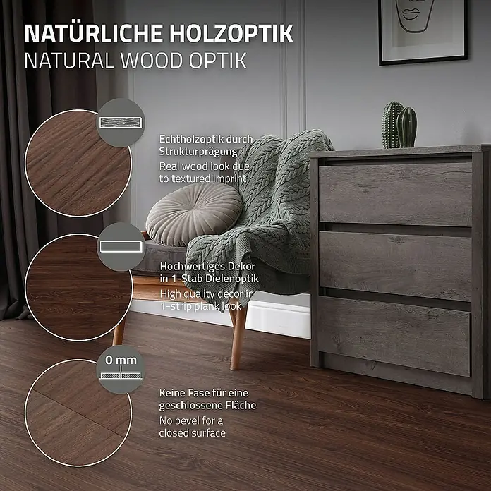 ML-Design Vinylboden 1 x Paket Klebevinylboden ( 16 Stück = 2,23 m² ) - Rot-Braun, Landhausdiele - Laminatboden in Holzoptik mit Detailaufnahmen der Oberflächenstruktur und Kanten.