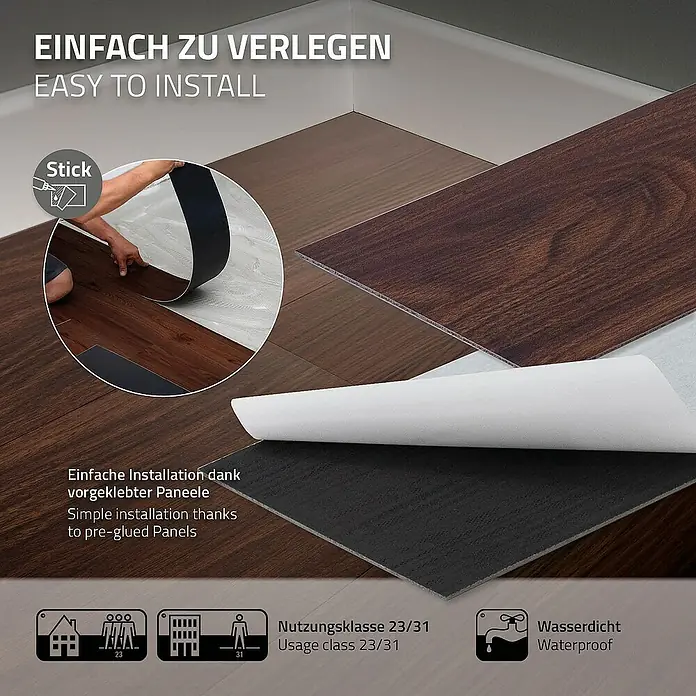 ML-Design Vinylboden 1 x Paket Klebevinylboden ( 16 Stück = 2,23 m² ) - Rot-Braun, Landhausdiele - Bild von selbstklebenden Vinyl-Bodenfliesen in Holzoptik, die einfach zu verlegen und wasserdicht sind.