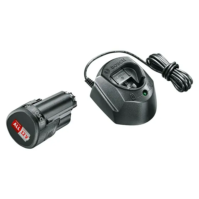 Bosch Batería y cargador Starter Set PBA - 12 V, 1 batería, 1,5 Ah - Paquete de batería y cargador Bosch, compatible con el sistema Power for All de 12V, para herramientas y dispositivos, carga sencilla.