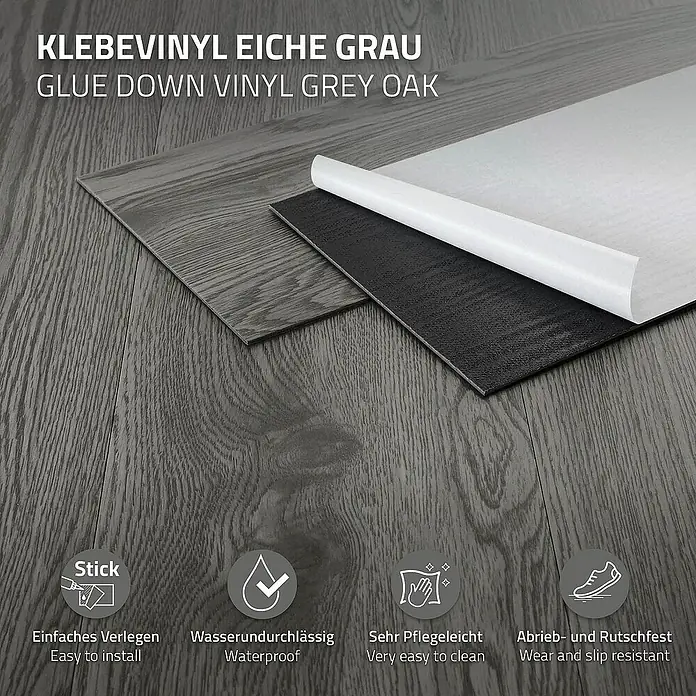 ML-Design Vinylboden 3 x Paket Klebevinylboden ( 48 Stück = 6,69 m² ) - Grau, Landhausdiele - Nahaufnahme von selbstklebendem Vinylboden in Graueiche-Optik, der einfach zu verlegen, wasserdicht, pflegeleicht und rutschfest ist.