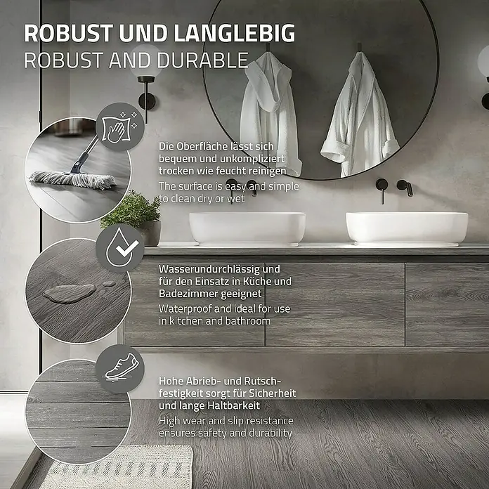ML-Design Vinylboden 3 x Paket Klebevinylboden ( 48 Stück = 6,69 m² ) - Grau, Landhausdiele - Bild zeigt einen robusten und langlebigen Bodenbelag im Badezimmer, der wasserdicht, leicht zu reinigen und rutschfest ist.