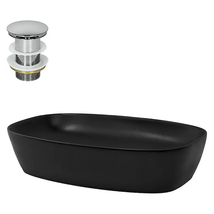 LuxeBath Aufsatzwaschbecken Handwaschbecken Schwarz inkl. Ablaufgarnitur ohne Überlauf - Ohne Spezialglasur, Schwarz, Silber - Ein schickes, modernes schwarzes Waschbecken mit einem glänzenden, verchromten Ablaufventil. Ideal für ein stilvolles Badezimmer.