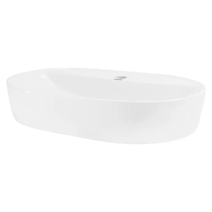 LuxeBath Aufsatzwaschbecken Waschtisch aus Keramik für Badezimmer / Gäste-WC - Ohne Spezialglasur, Weiß - Nahaufnahme eines weißen, ovalen Aufsatzwaschbeckens aus Keramik mit glänzender Oberfläche, ideal für moderne Badezimmer.