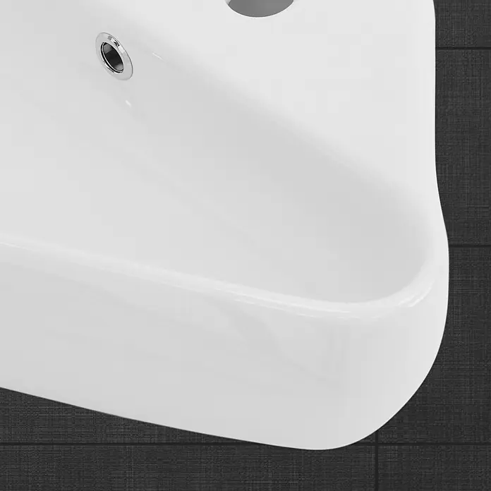 LuxeBath Aufsatzwaschbecken Waschtisch aus Keramik für Badezimmer / Gäste-WC - 27 x 45 cm, Ohne Spezialglasur, Weiß - Nahaufnahme eines modernen, weißen Waschbeckens mit Überlauf und glänzender Oberfläche, ideal für stilvolle Badezimmer.