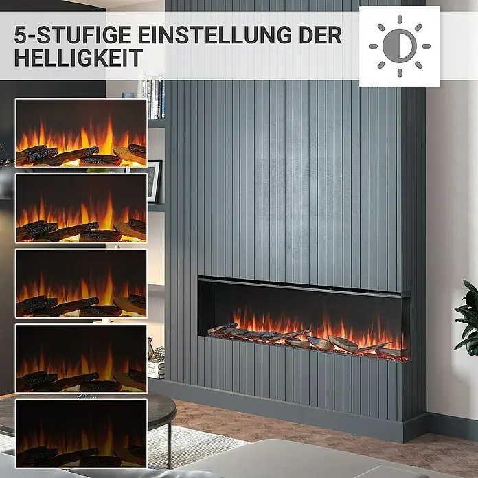 Balderia Elektrischer Kamin AH-60 3D-Flammeneffekt Wifi App - Schwarz, 152,8 x 20,6 x 49,3 cm - Das Bild zeigt einen elektrischen Kamin mit 5-stufiger Helligkeitseinstellung, ideal für gemütliche Abende.