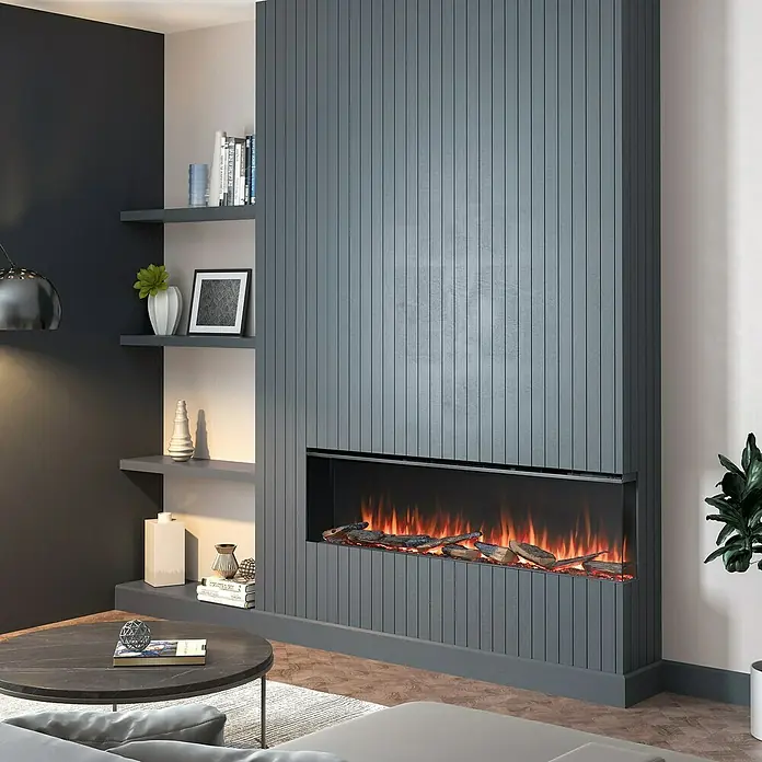 Balderia Elektrischer Kamin AH-60 3D-Flammeneffekt Wifi App - Schwarz, 152,8 x 20,6 x 49,3 cm - Ein moderner elektrischer Kamin mit blauen Holzpaneelen. Dieser Kamin wird durch ein raffiniertes Design und eine moderne Ausstrahlung hervorgehoben.