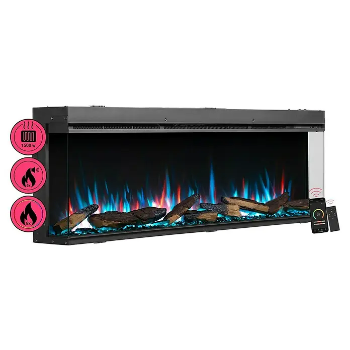 Balderia Elektrischer Kamin AH-60 3D-Flammeneffekt Wifi App - Schwarz, 152,8 x 20,6 x 49,3 cm - Produktansicht eines elektrischen Kamins mit simulierten Flammen und Holzscheiten. Steuerung per Smartphone-App möglich.