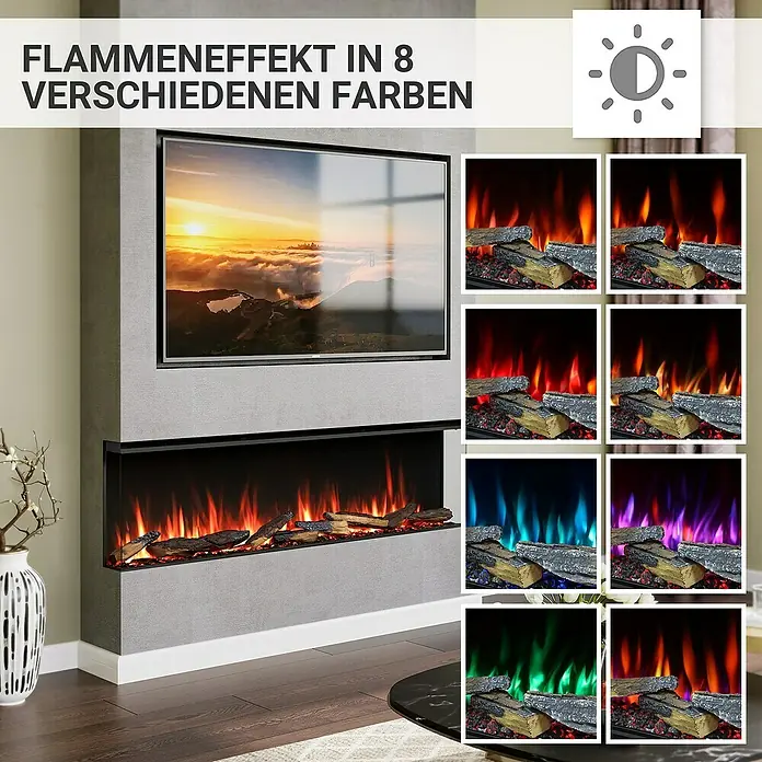 Balderia Elektrischer Kamin AH-60 3D-Flammeneffekt Wifi App - Schwarz, 152,8 x 20,6 x 49,3 cm - Elektrischer Kamin mit Flammen in 8 verschiedenen Farben für eine gemütliche Atmosphäre in jedem Raum.