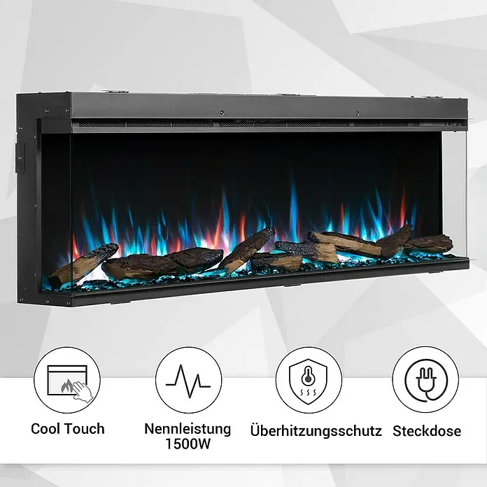 Balderia Elektrischer Kamin AH-60 3D-Flammeneffekt Wifi App - Schwarz, 152,8 x 20,6 x 49,3 cm - Produktbild eines modernen elektrischen Kaminofens mit blauen Flammen, Holzscheiten und Produktmerkmalen.