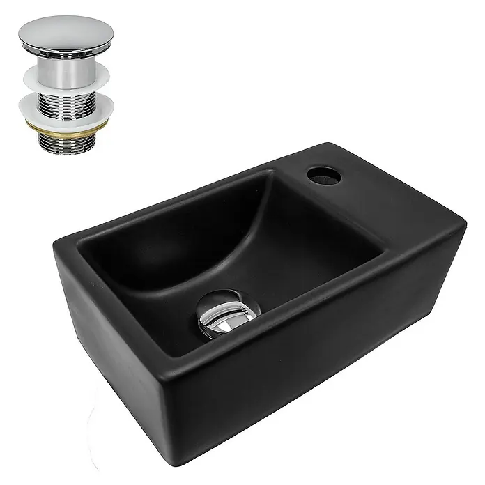 LuxeBath Aufsatzwaschbecken Waschtisch aus Keramik für Badezimmer / Gäste-WC - Ohne Spezialglasur, Schwarz, Silber - Bild eines modernen, mattschwarzen Aufsatzwaschbeckens mit Chrom-Ablaufgarnitur, ideal für stilvolle Badezimmer.