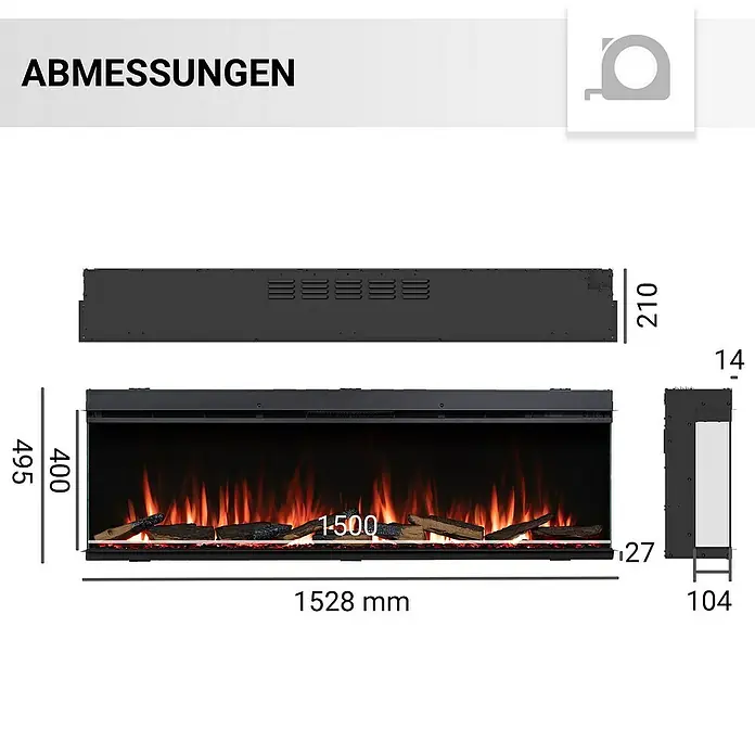 Balderia Elektrischer Kamin AH-60 3D-Flammeneffekt Wifi App - Schwarz, 152,8 x 20,6 x 49,3 cm - Abmessungen des elektrischen Kamins mit einer Breite von 1528 mm, einer Höhe von 495 mm und einer Tiefe von 104 mm.