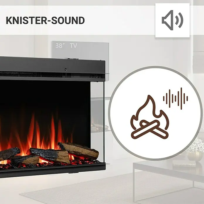 Balderia Elektrischer Kamin AH-60 3D-Flammeneffekt Wifi App - Schwarz, 152,8 x 20,6 x 49,3 cm - Abbildung eines elektrischen Kaminfeuers mit Knistergeräusch, das eine gemütliche Atmosphäre schafft.