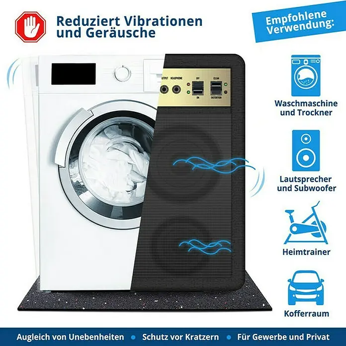 Floordirekt Unterlagsmatte Antivibrationsmatte 60 x 60 x 1 cm - 0,36 m², Stärke: 10 mm - Antivibrationsmatte zur Reduzierung von Vibrationen und Geräuschen, geeignet für Waschmaschinen, Lautsprecher, Heimtrainer und Kofferräume.