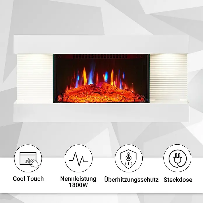 Balderia Elektrischer Kamin ID-WE 3D-Flammeneffekt - Weiß, 82 x 21,6 x 41,8 cm - Ein elektrischer Kamin mit Flammen und verschiedenen Schutzeigenschaften für Sicherheit und Komfort.
