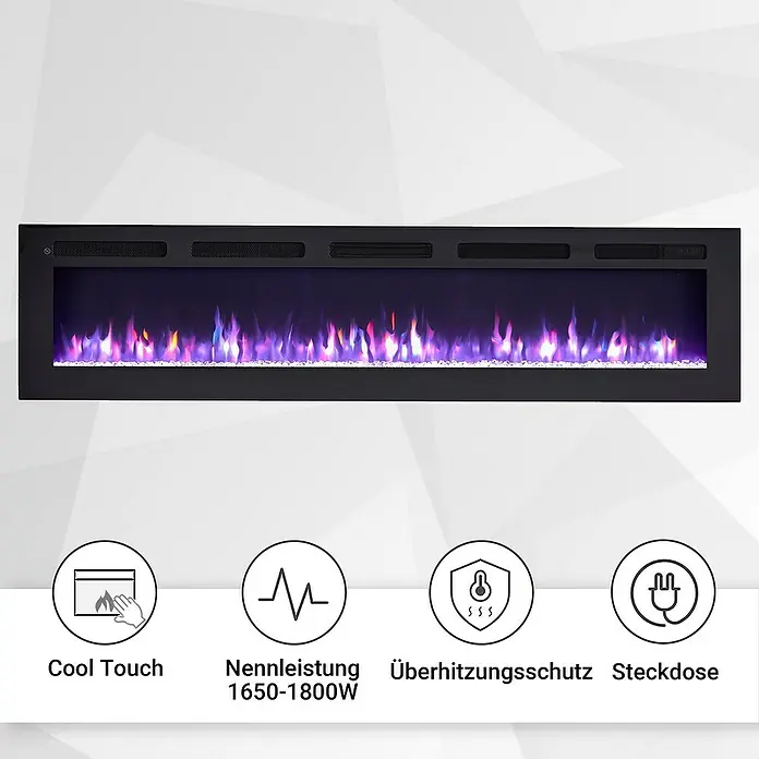 Balderia Elektrischer Kamin LE-70 3D-Flammeneffekt - Schwarz, 178 x 14 x 43 cm - Abbildung eines schwarzen elektrischen Kamins mit blauen und violetten Flammen und Sicherheitsmerkmalen.