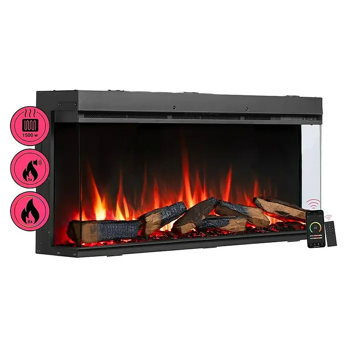 Balderia Elektrischer Kamin AH-44 3D-Flammeneffekt Wifi App - Schwarz, 112,8 x 20,6 x 49,3 cm - Ein elektrischer Kamin mit Heizfunktion, der Wärme und Ambiente bietet. Steuerung per App und Fernbedienung möglich.