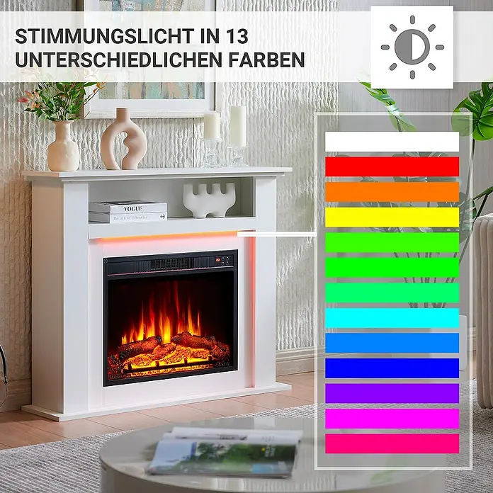 Balderia Elektrischer Kamin LI-WE 3D-Flammeneffekt - Weiß, 100 x 25 x 82 cm - Stimmungsvolle LED-Kamin mit 13 verschiedenen Farben für eine gemütliche Atmosphäre in jedem Raum.