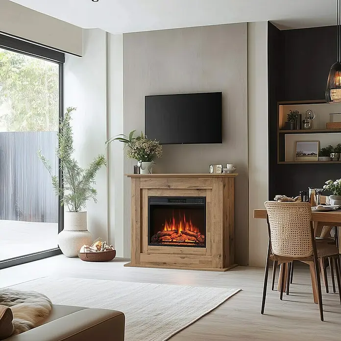 Balderia Elektrischer Kamin FI-EO 3D-Flammeneffekt - Dunkle Eiche, 100 x 25 x 82 cm - Dieses Bild zeigt einen stilvollen elektrischen Kamin mit Holzrahmen und realistischen Flammeneffekten. Er ist mit einem modernen Fernseher kombiniert.