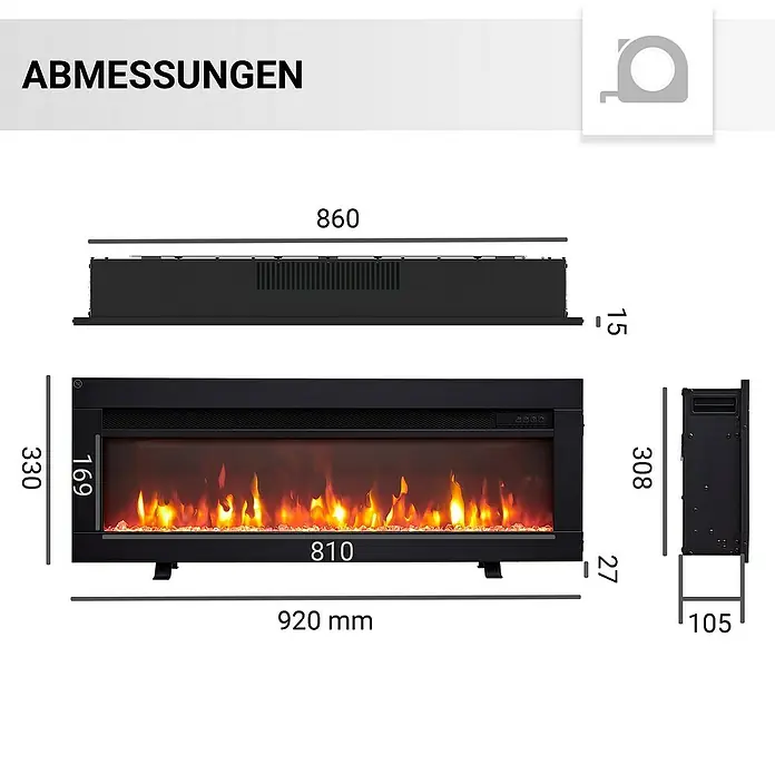 Balderia Elektrischer Kamin AG-36 3D-Flammeneffekt - Schwarz, 92 x 12 x 33 cm - Abmessungen des elektrischen Kamins mit Frontansicht und Seitenansicht. Breite 920 mm, Höhe 330 mm und Tiefe 105 mm.