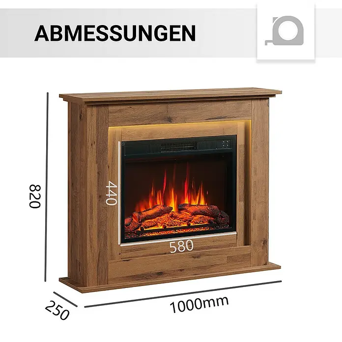 Balderia Elektrischer Kamin FI-EO 3D-Flammeneffekt - Dunkle Eiche, 100 x 25 x 82 cm - Bild einer elektrischen Kaminfeuerstelle mit Maßen, die Höhe beträgt 820, Breite 1000 mm und Tiefe 250 mm.