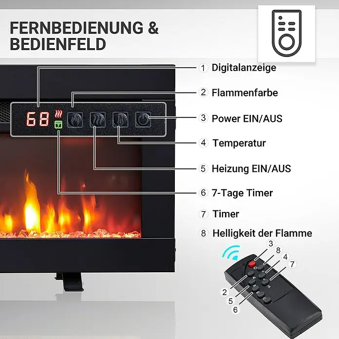 Balderia Elektrischer Kamin AG-36 3D-Flammeneffekt - Schwarz, 92 x 12 x 33 cm - Produktansicht eines elektrischen Kaminofens mit hervorgehobenen Funktionen und zugehöriger Fernbedienung zur einfachen Bedienung.
