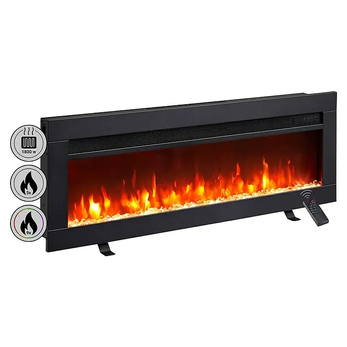 Balderia Elektrischer Kamin AG-36 3D-Flammeneffekt - Schwarz, 92 x 12 x 33 cm - Bild eines elektrischen Kaminofens mit realistischen Flammen und Fernbedienung.