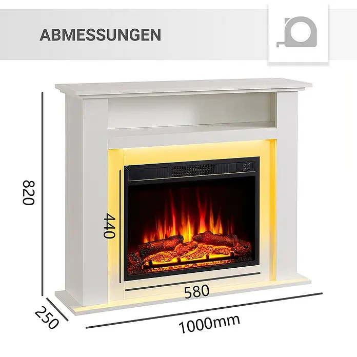 Balderia Elektrischer Kamin LI-WE 3D-Flammeneffekt - Weiß, 100 x 25 x 82 cm - Abbildung eines Kamins mit den Maßen 1000mm x 820mm. Die Tiefe beträgt 250mm und das Kamininnere ist 580mm x 440mm groß.