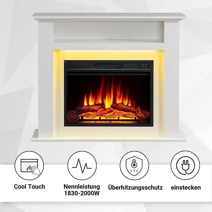 Balderia Elektrischer Kamin LI-WE 3D-Flammeneffekt - Weiß, 100 x 25 x 82 cm - Bild eines elektrischen Kamins mit weißem Rahmen und Flammeneffekt, der eine gemütliche Atmosphäre schafft.