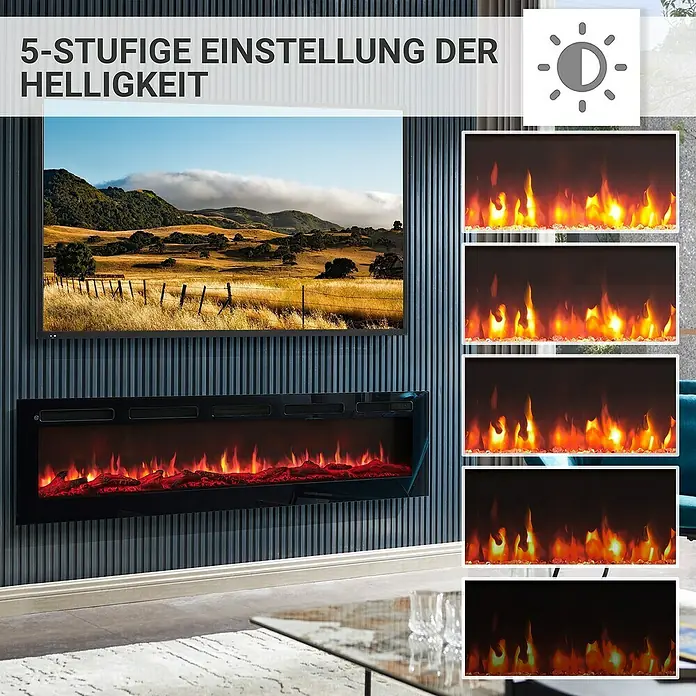 Balderia Elektrischer Kamin LE-70 3D-Flammeneffekt - Schwarz, 178 x 14 x 43 cm - Das Bild zeigt einen elektrischen Kamin mit 5-stufiger Helligkeitseinstellung, der für eine gemütliche Atmosphäre sorgt.