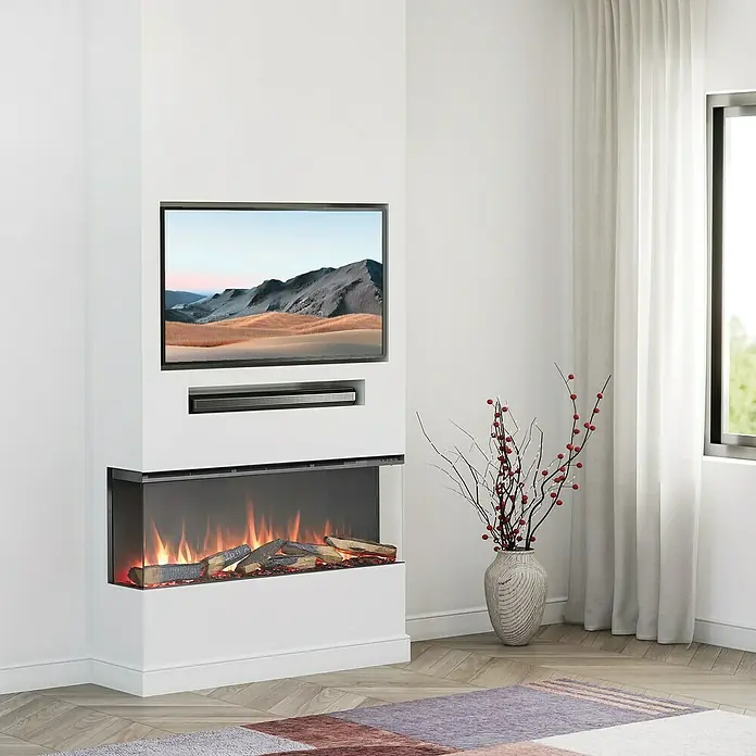 Balderia Elektrischer Kamin AH-44 3D-Flammeneffekt Wifi App - Schwarz, 112,8 x 20,6 x 49,3 cm - Kamin mit integriertem TV und elektrischem Feuer. Das moderne Design fügt sich nahtlos in das Wohnzimmer ein und sorgt für eine behagliche Atmosphäre.
