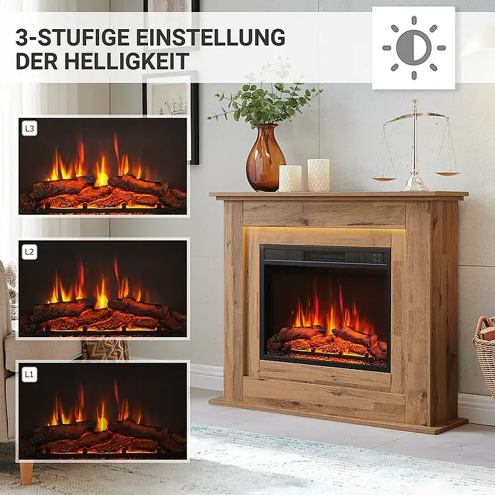 Balderia Elektrischer Kamin FI-EO 3D-Flammeneffekt - Dunkle Eiche, 100 x 25 x 82 cm - 3-stufige Helligkeitseinstellung des Kamins. Stimmungsvolles Kaminfeuer mit verschiedenen Helligkeitsstufen für gemütliche Stunden.