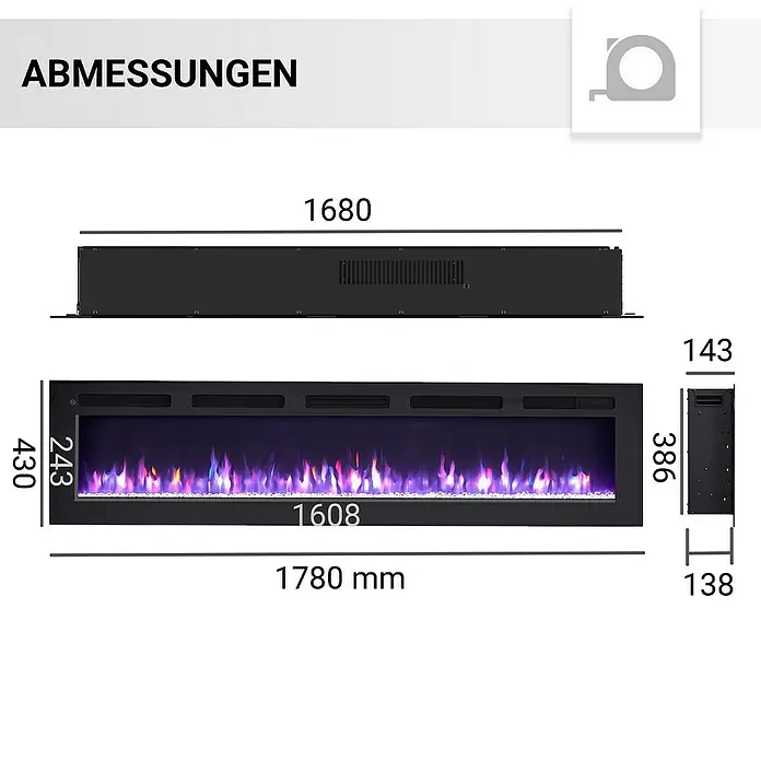 Balderia Elektrischer Kamin LE-70 3D-Flammeneffekt - Schwarz, 178 x 14 x 43 cm - Abmessungen des Elektrokamins mit Angaben zu Länge, Höhe und Tiefe.